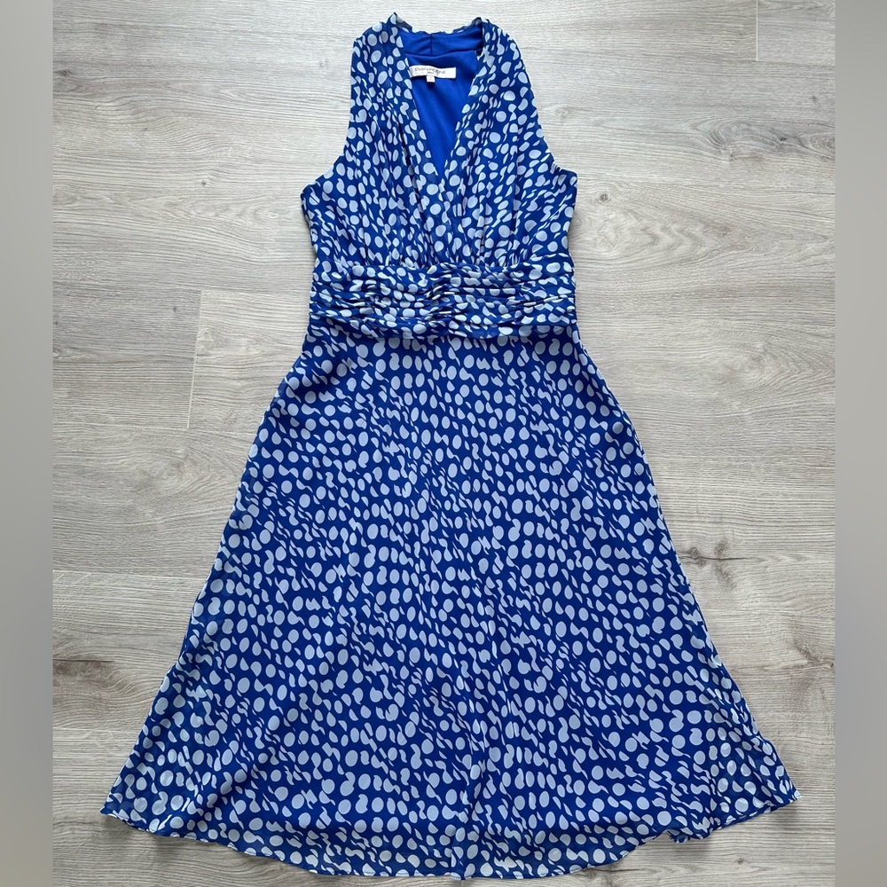 Evan Picone Blue White Polka Dot Halter Midi Dress - Size 10 Ruched Waist A-line